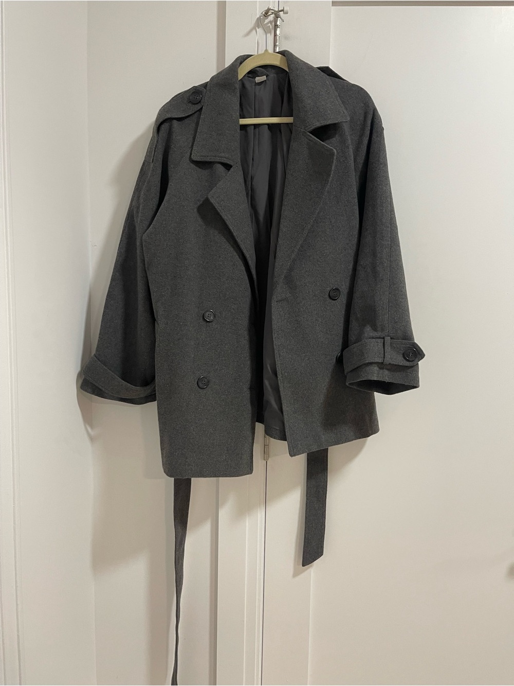H&M Women's Short Double-Breasted Trench Coat in Charcoal Gray - Picture 1 of 2